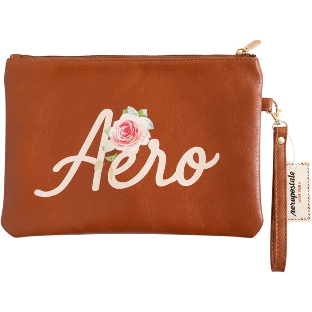 Aeropostale Brown Faux Leather Aero Floral Wristlet‎ Pouch Zip Bag NWT